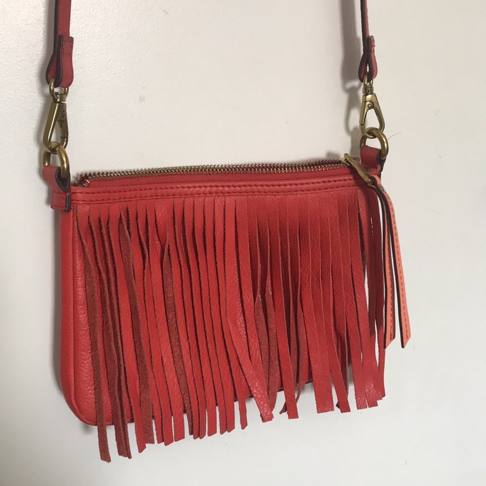 Fossil Red Leather Fringe Crossbody